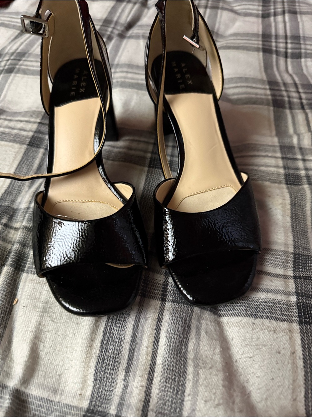 Alex Marie Black Patent Leather Ankle-Strap Block Sandals